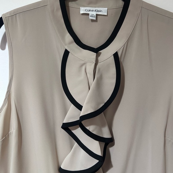 Calvin Klein Taupe Sleeveless Top with Black Ruffle - Picture 3 of 5